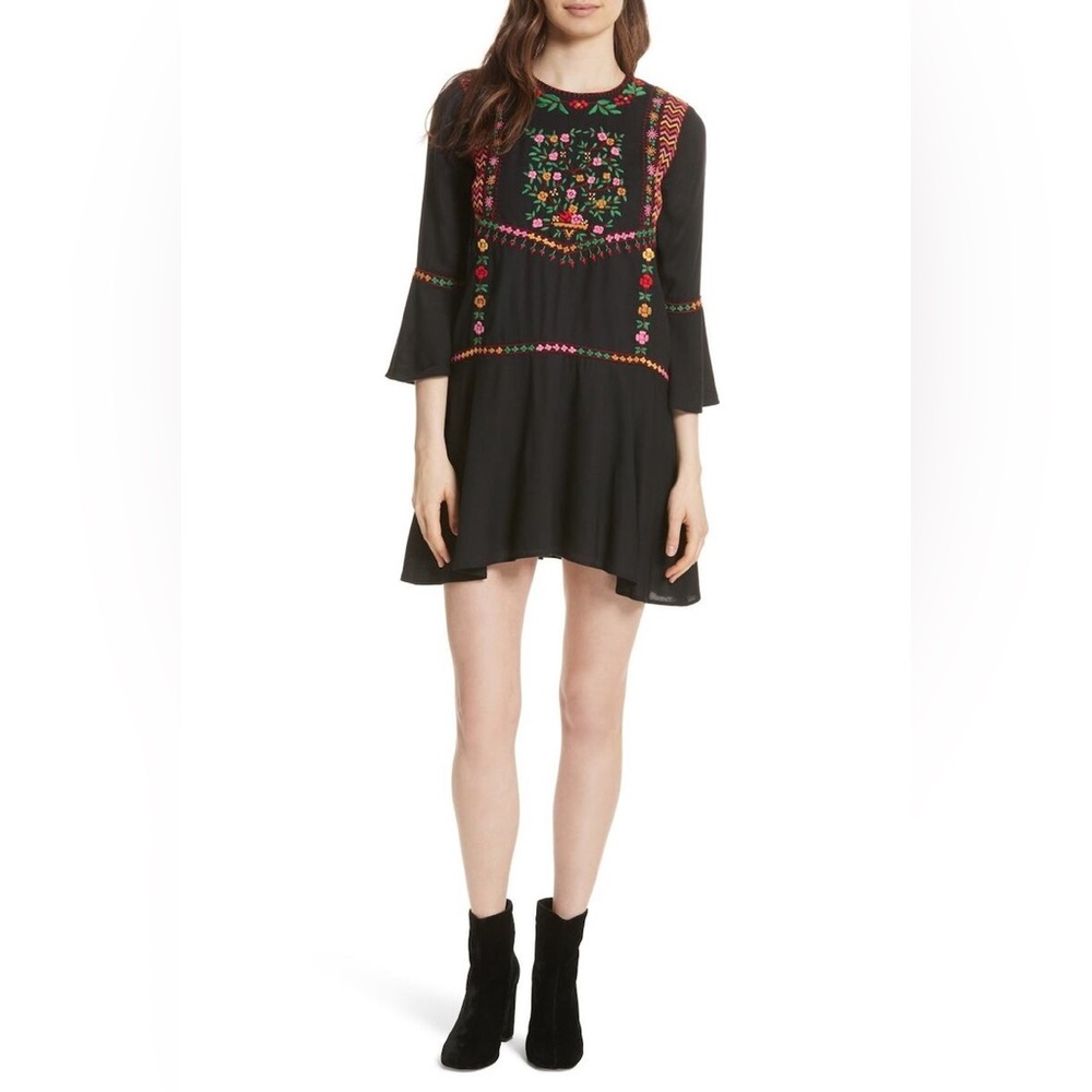 JOIE Black Colorful Embroidered Peasant Bohemian Boho  Dress M